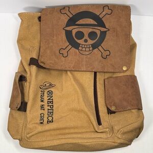 One Piece Straw Hat Crew Canvas Backpack Anime Manga Faux Leather Brown Tan